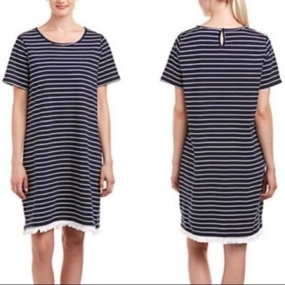 Beachlunchlounge Navy Blue White Nautical‎ Striped Fringe Shirt Dress Cover Up L